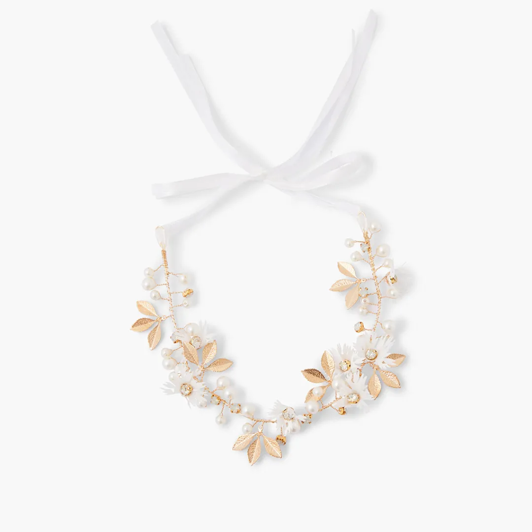 New Couronne de fleurs en ruban - blanc et doré Cérémonie