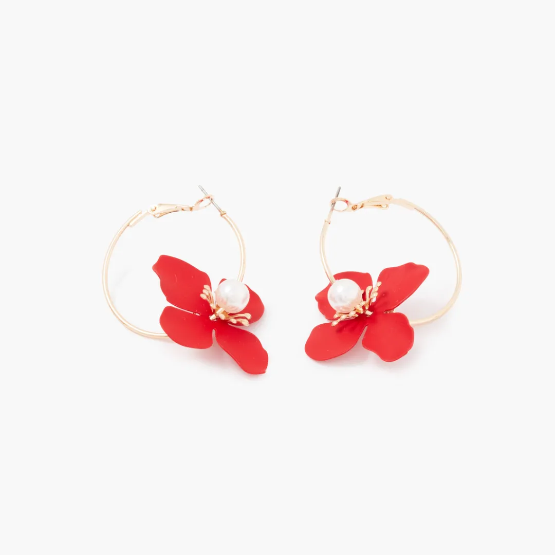 Cheap Créoles fleurs rouges Boucles D'Oreilles