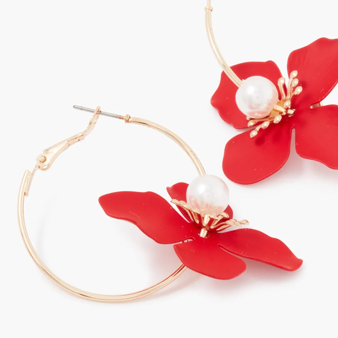 Cheap Créoles fleurs rouges Boucles D'Oreilles