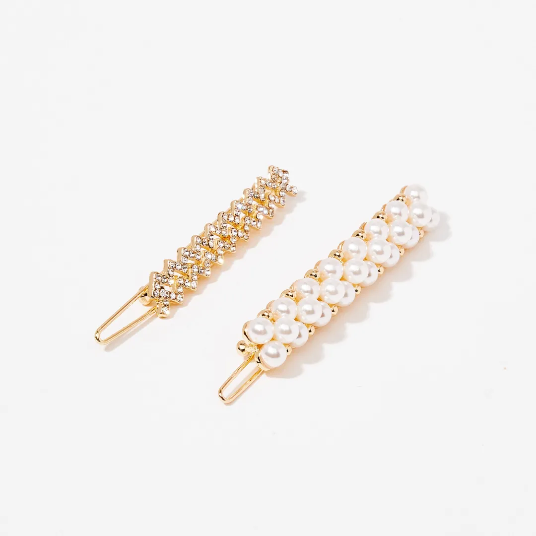 Clearance Set de 2 barrettes en perles et strass - blanc et doré Barrettes