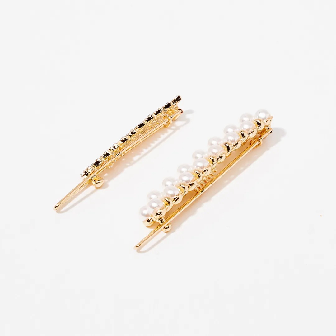 Clearance Set de 2 barrettes en perles et strass - blanc et doré Barrettes