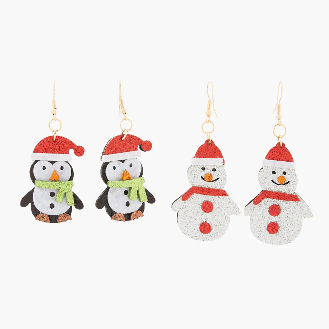 Flash Sale Set de 2 boucles d'oreilles Noël pingouin et bonhomme de neige Boucles D'Oreilles