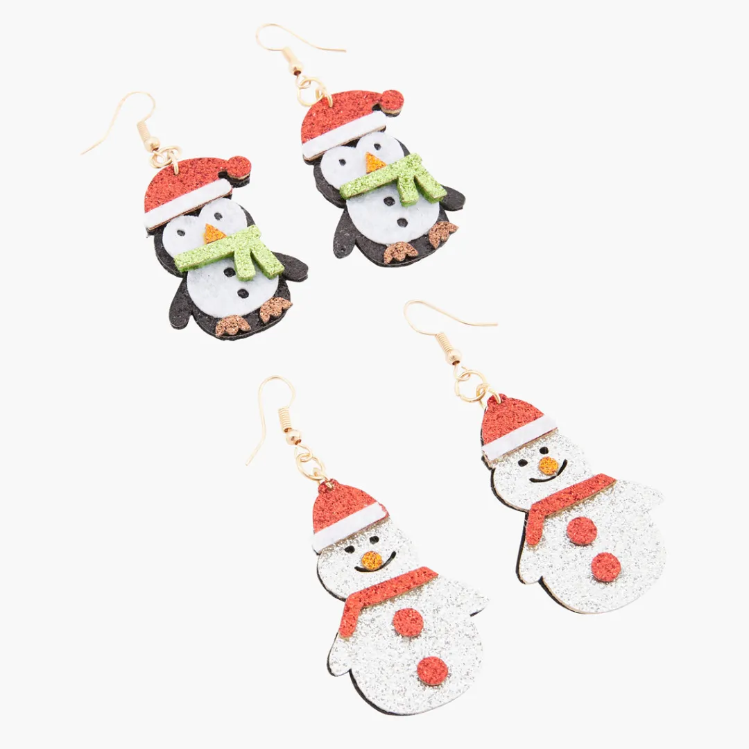 Flash Sale Set de 2 boucles d'oreilles Noël pingouin et bonhomme de neige Boucles D'Oreilles