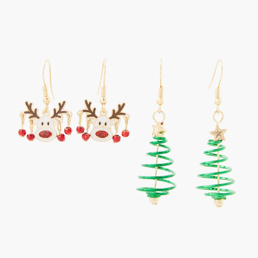 Sale Set de 2 boucles d'oreilles Noël renne et sapin Boucles D'Oreilles