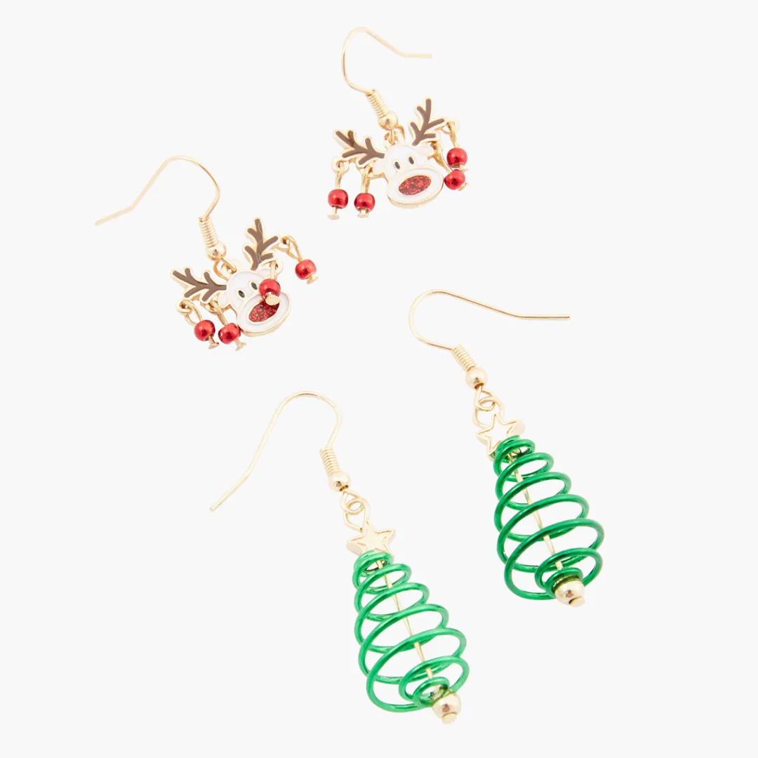 Sale Set de 2 boucles d'oreilles Noël renne et sapin Boucles D'Oreilles