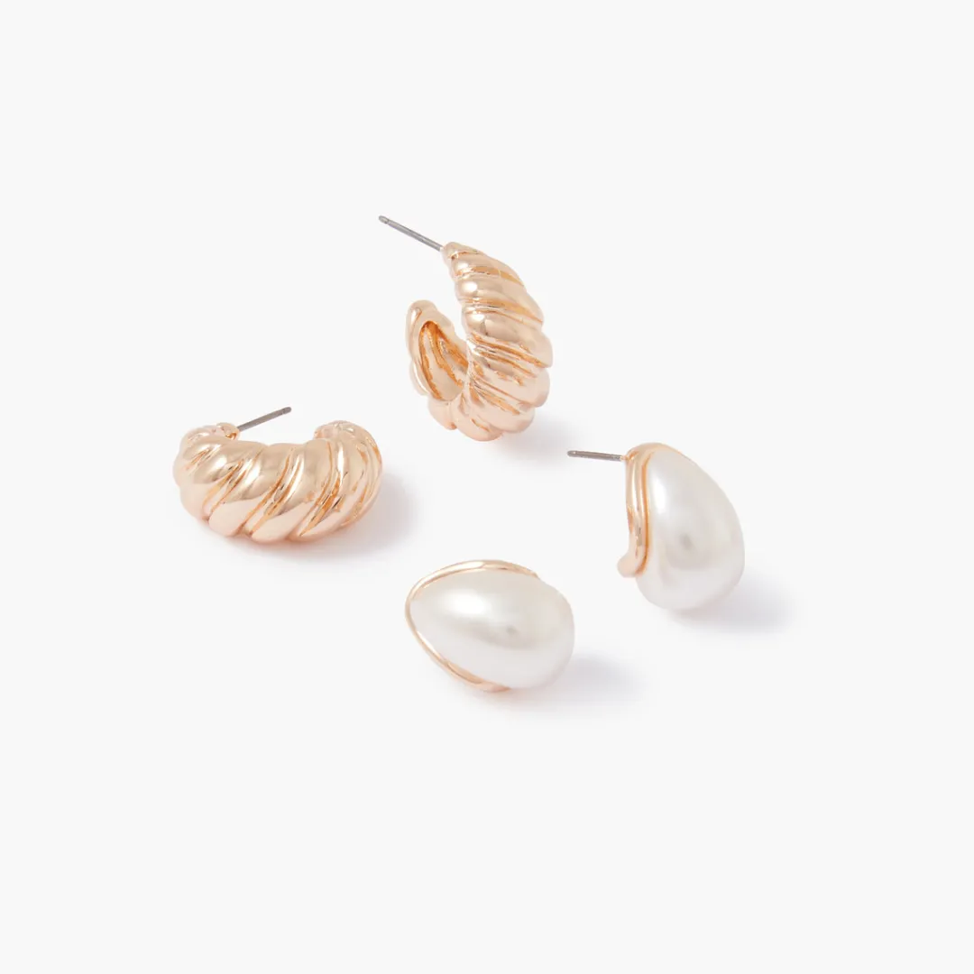 Best Set de 2 paires de petites créoles perle et twistées Boucles D'Oreilles