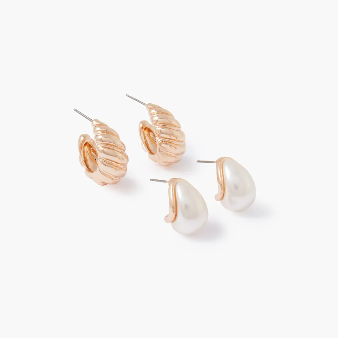 Best Set de 2 paires de petites créoles perle et twistées Boucles D'Oreilles