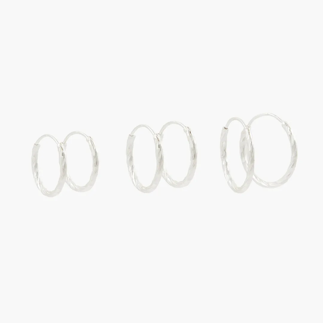 New Set de 3 paires de petites créoles torsadées argentées Boucles D'Oreilles