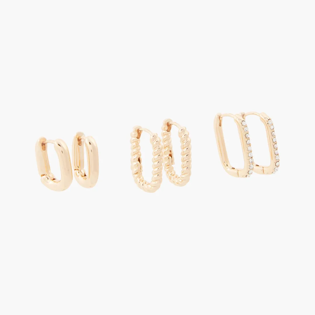 Sale Set de 3 petites créoles rectangles à strass Boucles D'Oreilles