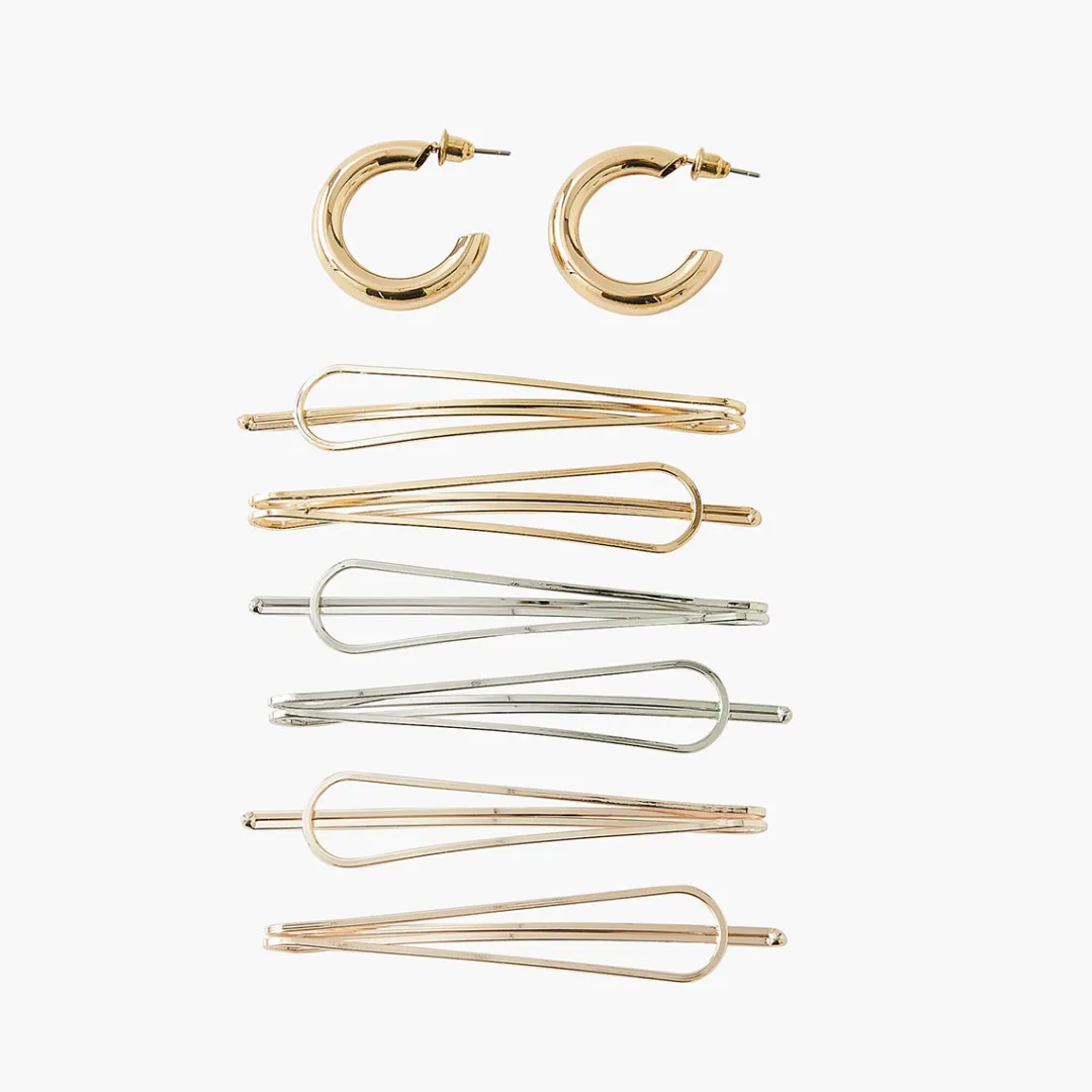 Online Set de 6 pinces et 1 paire de petite créole doré et argenté Pinces À Cheveux